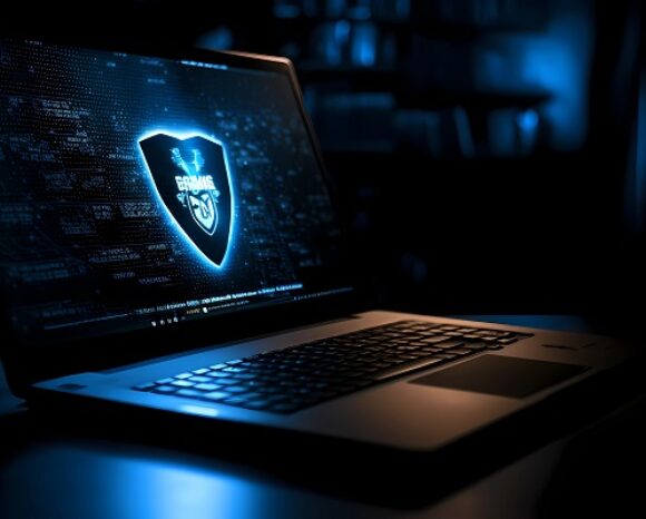 Laptop von Hacker in einem dunklen Raum