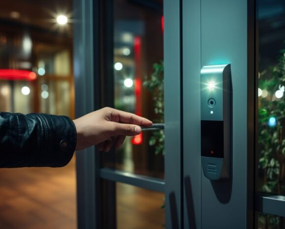 Hand using electronic smart contactless key card for unlock door in hotel or house