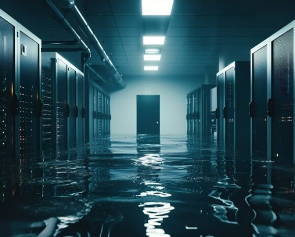 Photo of flooded servers. Room submerged in water.