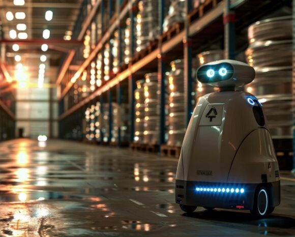 AI security robot patrolling a warehouse, bright lights, alert.