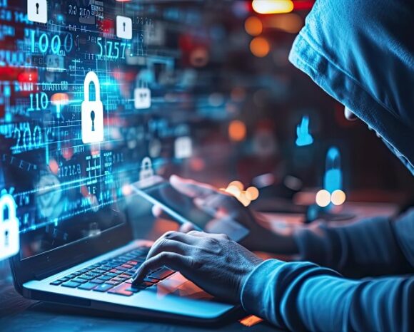 hacker front of his computer committing digital cybercrime