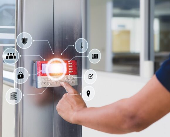 Proximity card door unlock, Hand security man using fingerprint scan on ID card reader access control system for identity verification to open the door or for security safety or check attendance.