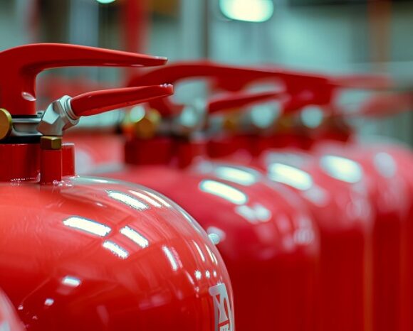 Fire extinguisher, A close-up view of a red fire extinguisher tank in a building, representing concepts of fire safety equipment for security protection, prevention of emergencies,