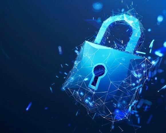Blue vector illustration depicting a cyber safety padlock securing data mass, symbolizing internet security, information privacy, and future innovation in technology network business