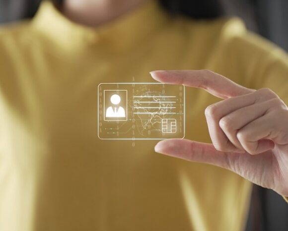 human hand holding digital identification card, technology and innovation concept. hand and digital identification card or digital ID.