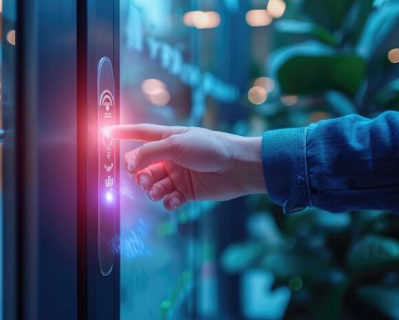 Eine Person benutzt einen biometrischen Scanner und schließt ihre Wohnungstür auf