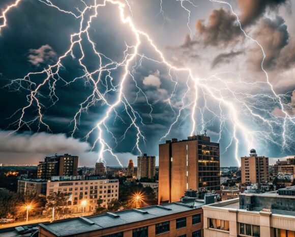 Blitze über städtischem Panorama