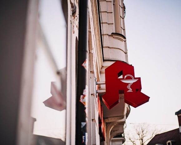 German pharmacy displaying the traditional pharmacy sign used in the country.
