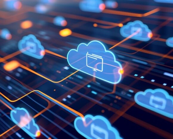 Cloud database icons connected to a central document folder, symbolizing networked storage solutions
