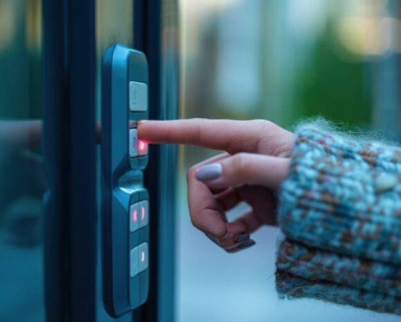 Accessing secure room - Woman's finger entering password on contemporary smart keypad ensuring security and convenience.