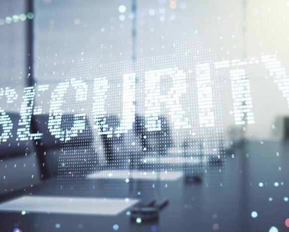 Virtual cyber security creative concept on a modern furnished office background.