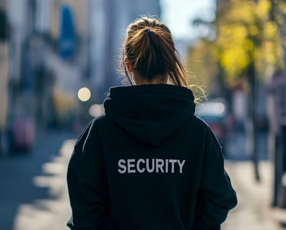 Weibliches Security-Personal in Straße