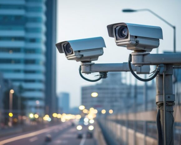 Nahaufnahme von zwei Überwachungskameras, die den Verkehr auf einer belebten Stadtstraße überwachen, SIcherheitskonzept