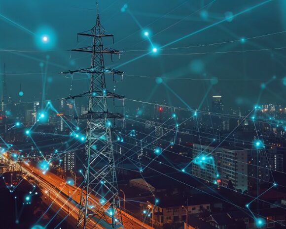 Städtische Strommasten, die mit einem intelligenten Netz zur Energieverteilung und -übertragung verbunden sind