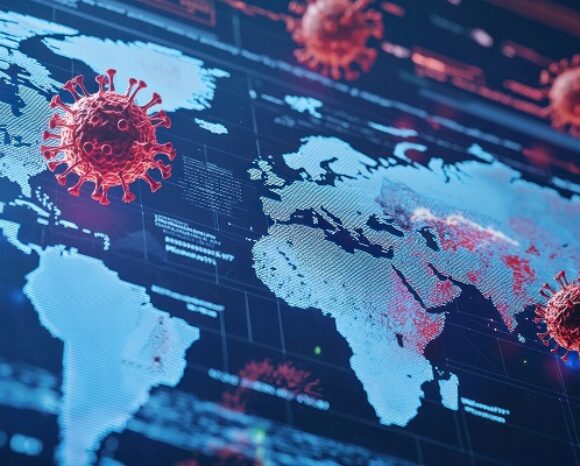 Risk Map mit darüber schwebenden Virus-Molekülen