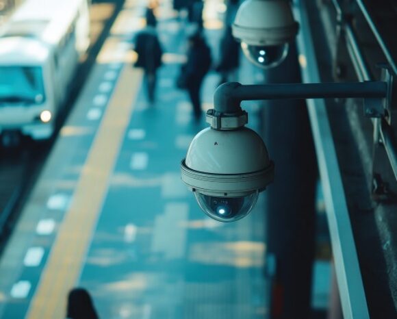 Überwachungskamera mit Blick auf einen belebten städtischen Bahnsteig