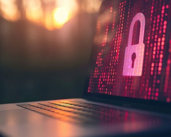 roter Bildschirm mit Schloss auf Laptop, Betriebstechnik