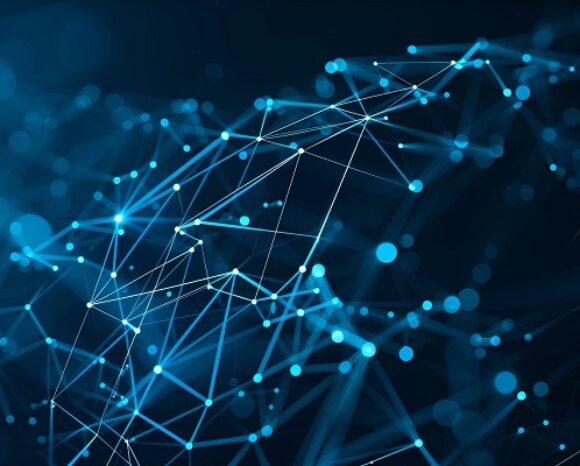 Abstrakter Hintergrund mit leuchtend blauen Linien und einem Netzwerk miteinander verbundener Knoten um Energienetze zu symbolisieren.