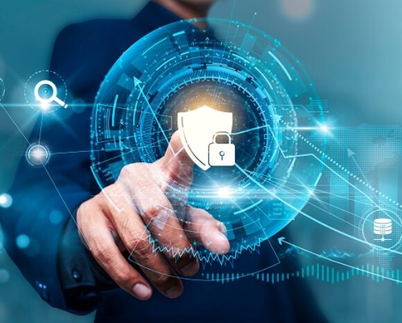 Geschäftsmann berührt die Verbindung zu Informationssicherheit, Dateninformationen im Cyberspace