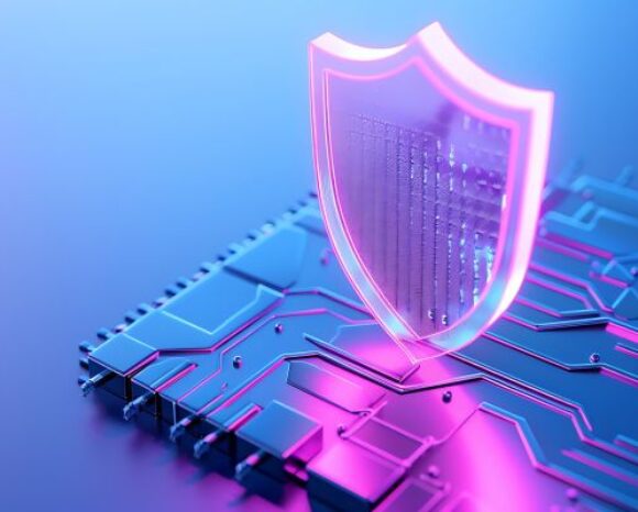 Schild auf einer Festplatte soll für Cybersecurity stehen