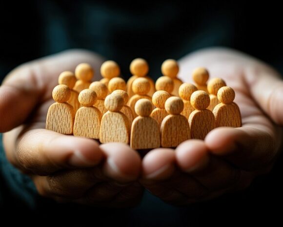 n offenen Handflächen eingebettete Holzfiguren symbolisieren die Bedeutung menschlicher Verbindung