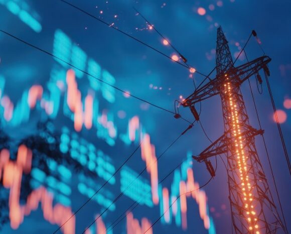 Börsendiagramm mit Strommast im Hintergrund als Darstellung kritischer Infrastrukturen