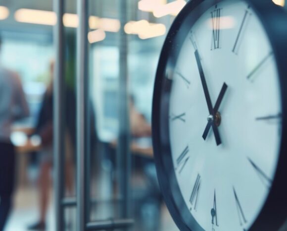 Eine Uhr zeigt die Uhrzeit an, im Bürohintergrund tummeln sich verschwommene Personen