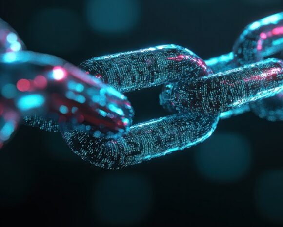 Digitale Darstellung einer Blockchain mit miteinander verbundenen metallischen Kettengliedern und leuchtend blauen und rosa Datenmustern. Die Ketten wirken futuristisch und vermitteln ein Gefühl von Technologie und Sicherheit.