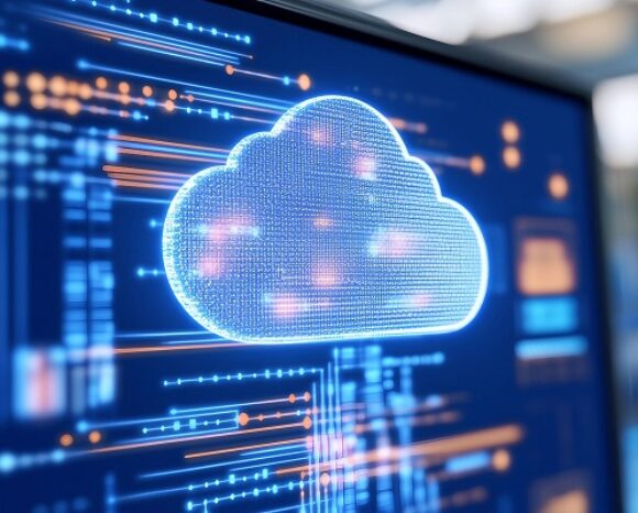 Eine digitale Darstellung einer Wolke auf einem Bildschirm, die Cloud Computing symbolisiert. Die Wolke besteht aus leuchtenden Punkten und Linien, umgeben von verschiedenen Datensymbolen und Verbindungen auf dunklem Hintergrund.