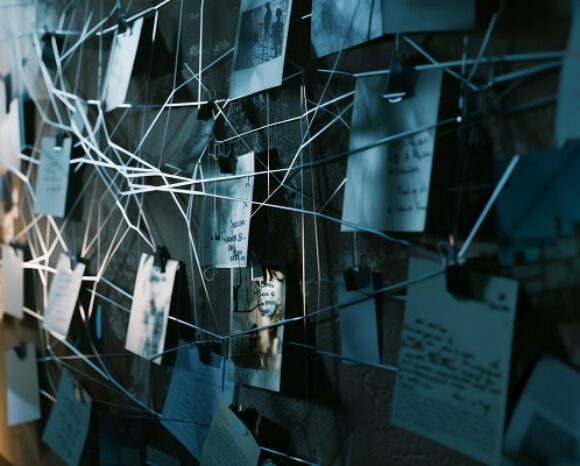 Eine schwach beleuchtete Wand voller Fotos, Notizen und Dokumente, die durch weiße Schnüre miteinander verbunden sind und ein Informationsnetzwerk bilden. Die geheimnisvolle Atmosphäre des Raumes lässt auf eine Untersuchung oder komplexe Planung schließen.
