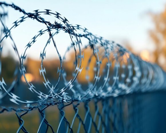 Perimetersicherheit mit Stacheldraht der ein Gelände umschließt