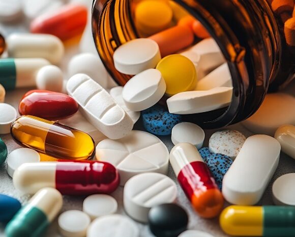 Eine Sammlung bunter Pillen, die aus einer Flasche verstreut wurden.