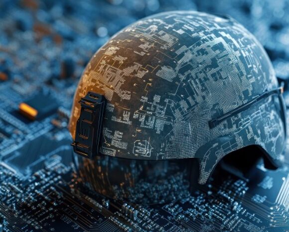 Militärhelm auf einer Leiterplatte, symbolisiert Technologie und Verteidigungsintegration.