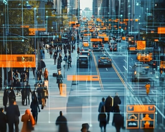 Städtische Straße mit vielen Fußgängern und Fahrzeugen, überwacht durch KI-Systeme mit markierten Objekten