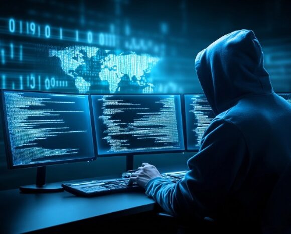 Hacker mit Kapuze arbeitet am Computer. Dunkler Raum mit mehreren Monitoren. Konzept für Cybercrime.