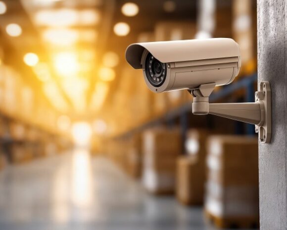 Eine Überwachungskamera überwacht ein Lagerhaus