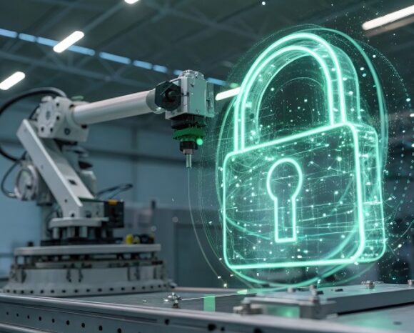 Ein Roboterarm präsentiert ein leuchtendes digitales Vorhängeschloss-Symbol