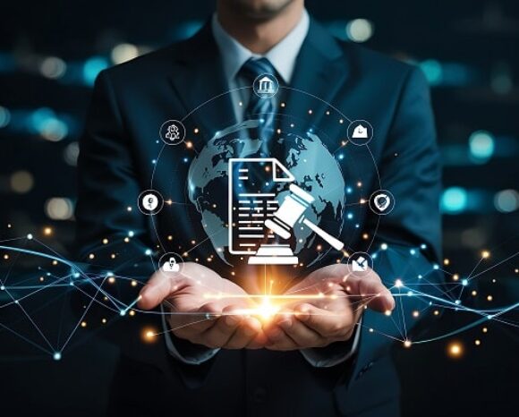 Geschäftsmann mit digitalem Konzept zur Einhaltung rechtlicher und regulatorischer Vorschriften