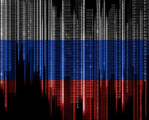 Binärcode in den Farben der russischen Flagge auf schwarzem Hintergrund