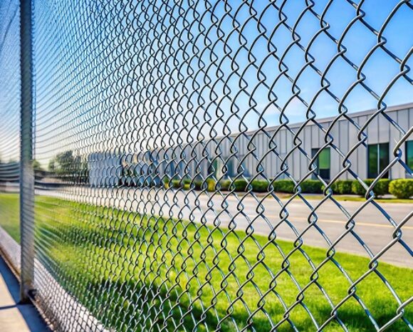 Einfacher Maschendrahtzaun aus Metall zur Sicherung von Industriegebieten