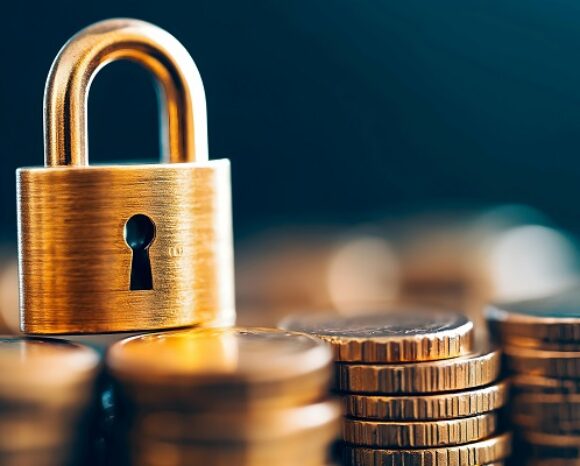 Ein goldenes Vorhängeschloss ragt prominent auf einem Stapel Münzen hervor