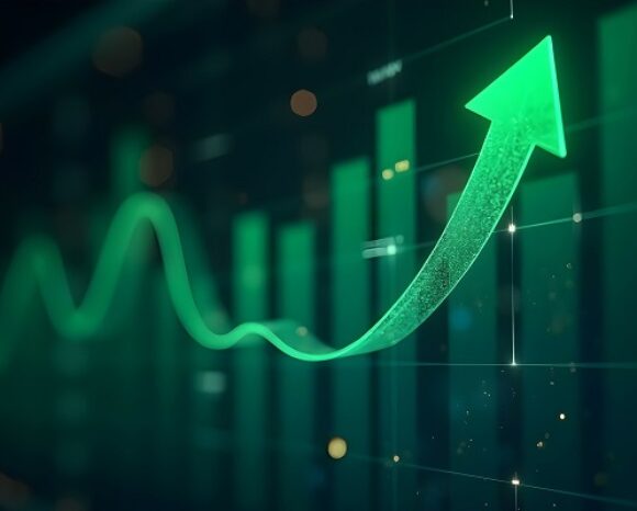 Grüner Pfeil zeigt nach oben auf einem Finanzdiagramm, Wachstum der Sicherheitstechnik