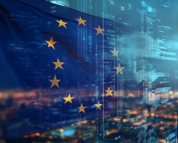 Flagge der Europäischen Union mit digitalem Daten-Overlay-Hintergrund im nächtlichen Stadtbild