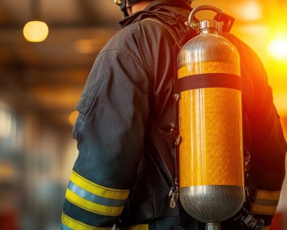 Nahaufnahme eines Feuerwehrmannes in Schutzkleidung mit Atemschutzgerät