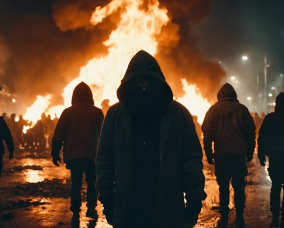 Ein gewalttätiger Aufstand von kriminellen Banden oder Extremisten, maskierte Gesichter in schwarzer Kleidung und Kapuzenpullover