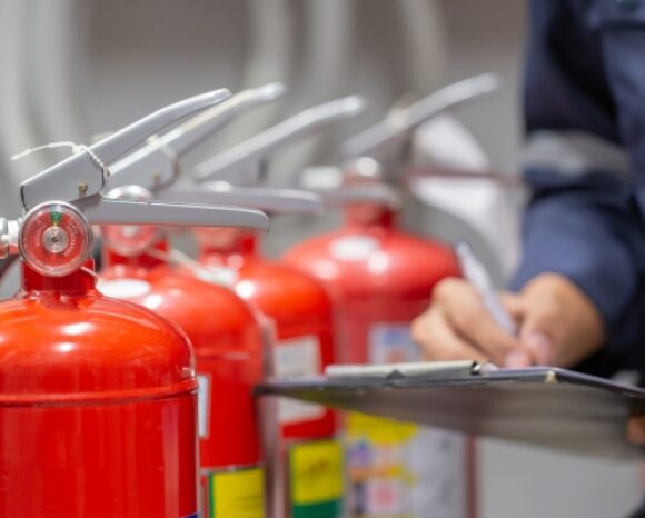 Reihe von Feuerlöschern wird von einer Fachkraft mit Klemmbrett überprüft und dokumentiert
