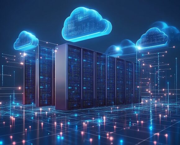 A virtual network of connected servers and cloud systems, flowing data and glowing digital nodes, representing advanced storage and cloud services