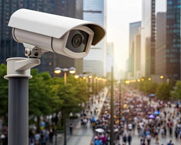 Überwachungskamera mit Blick auf eine belebte Stadtstraße voller Menschen und Wolkenkratzer bei Sonnenuntergang.