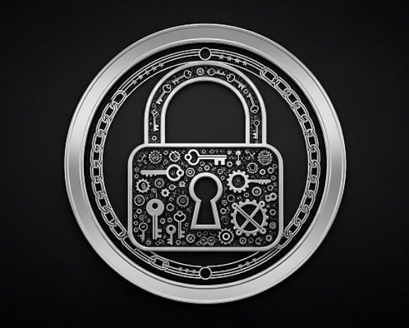 Silver padlock design with intricate internal mechanisms and circular border against black background.