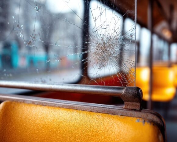 Zerstörtes Fenster in Bus, Vandalismus